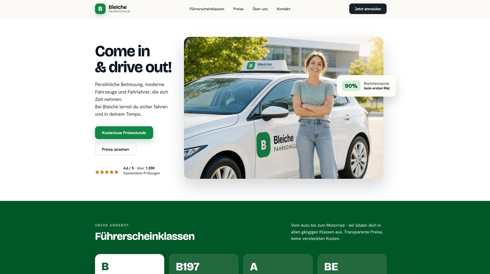 Screenshot der Website Fahrschule Bleiche